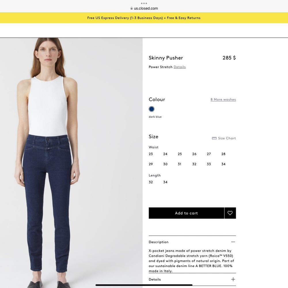 Closed Jeans Skinny Pusher, Dark Demin w/ stretch
